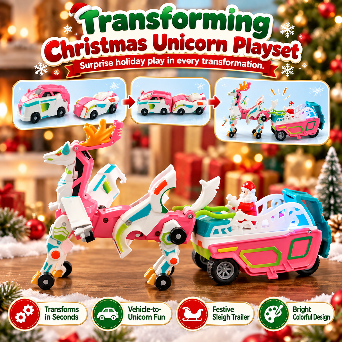 🔥Last day 50% OFF-2-in-1 Transforming Christmas Unicorn & Santa Sleigh – Magical Vehicle Transformation Toy & Holiday Gift 🎁