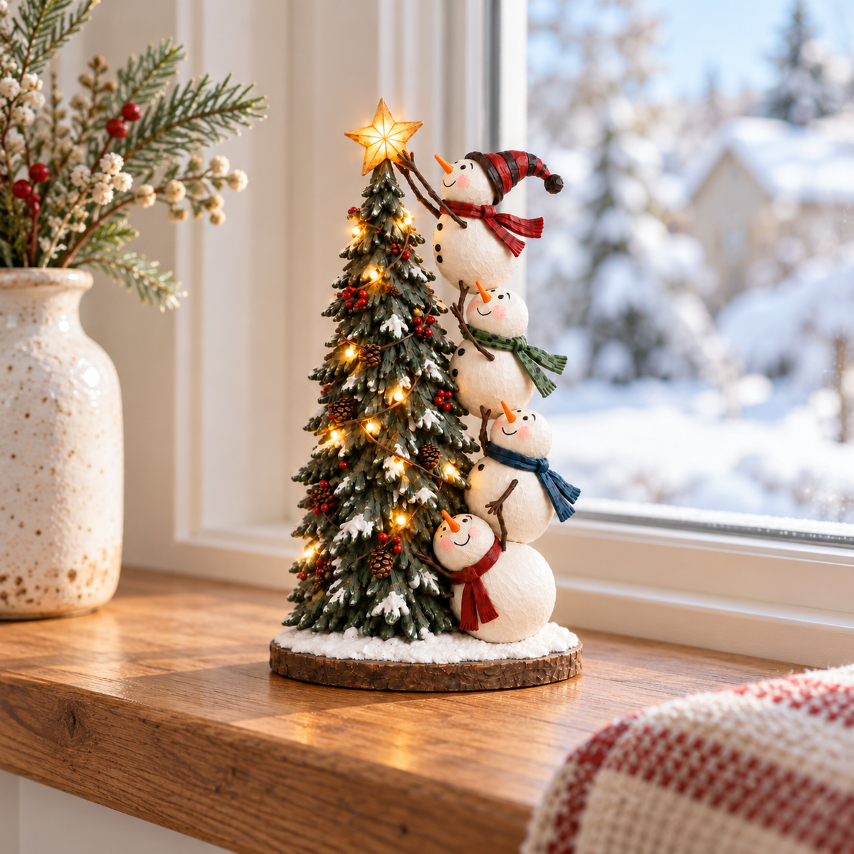 ☃️🎄Snowmen Topping the Christmas Tree – Lighted Christmas Figurine
