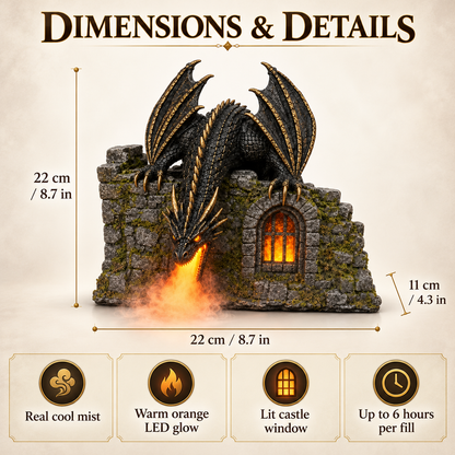 Dragon Castle Mist Humidifier – Glowing Flame Effect, Illuminated Castle Window & 6-Hour Mist Display