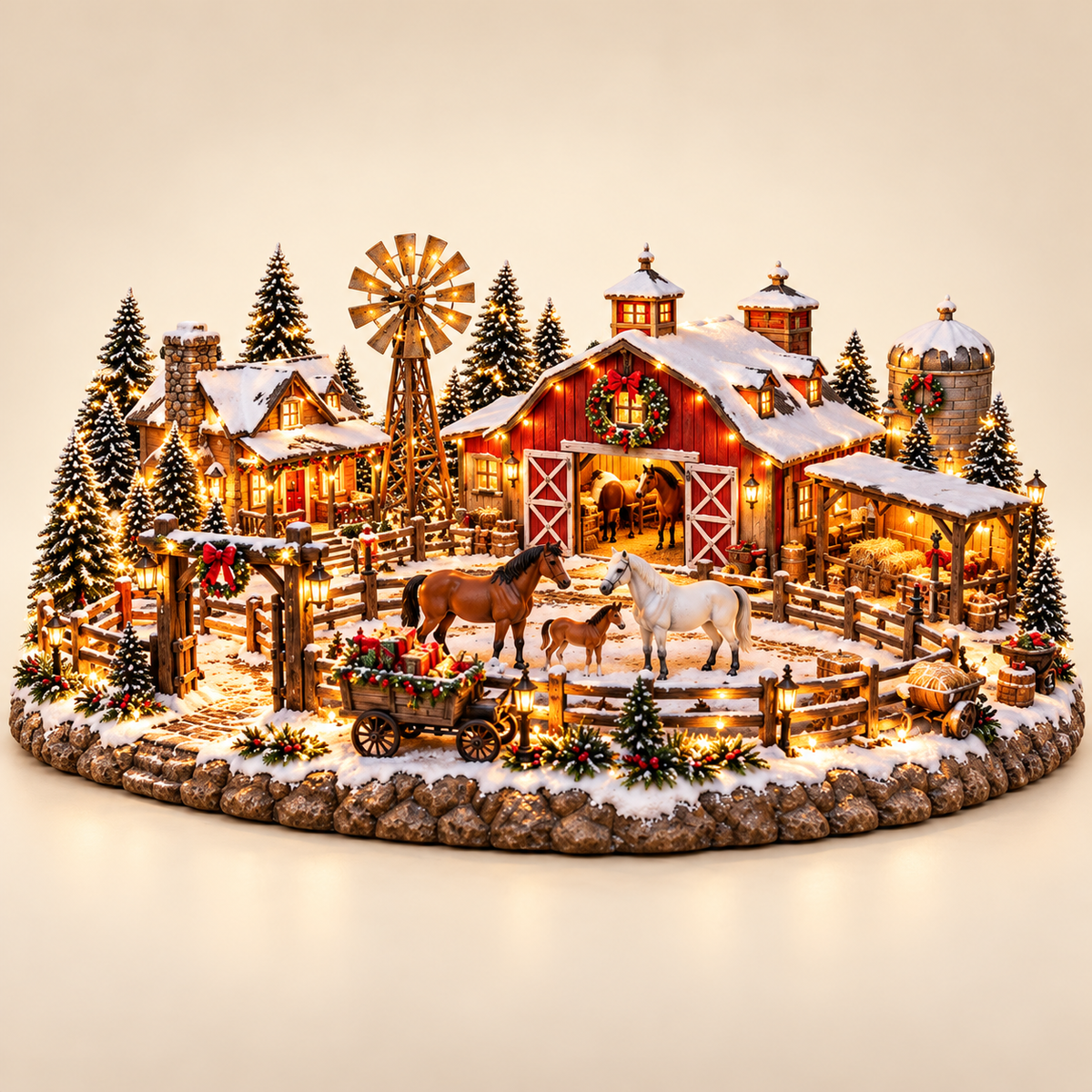 🎄🔥Christmas Horse Stable Village – Lighted Equestrian Holiday Scene ✨