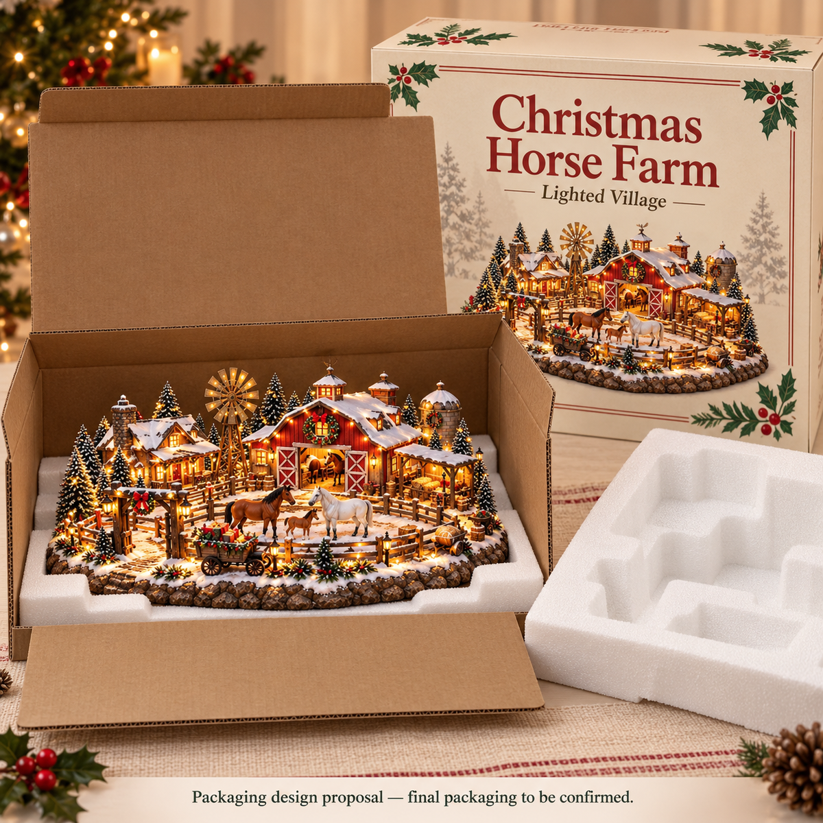 🎄🔥Christmas Horse Stable Village – Lighted Equestrian Holiday Scene ✨