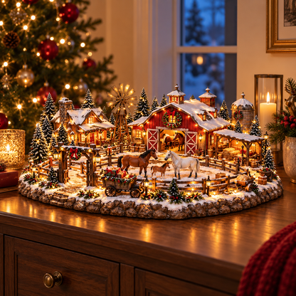 🎄🔥Christmas Horse Stable Village – Lighted Equestrian Holiday Scene ✨