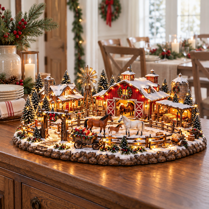 🎄🔥Christmas Horse Stable Village – Lighted Equestrian Holiday Scene ✨