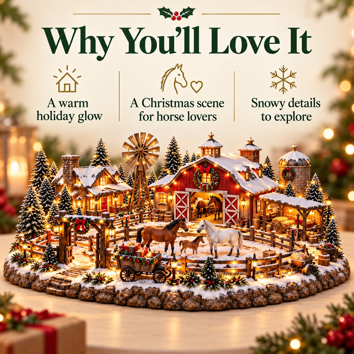 🎄🔥Christmas Horse Stable Village – Lighted Equestrian Holiday Scene ✨