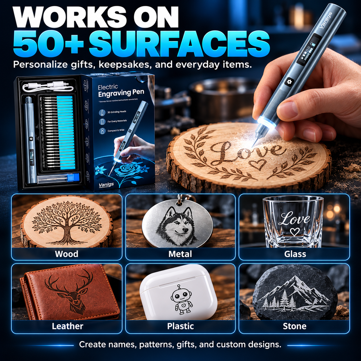 Vanlgs Cordless Engraving Pen Kit – 5-Speed Rechargeable Electric Engraver with LED Light & 30 Engraving Bits for DIY Gifts