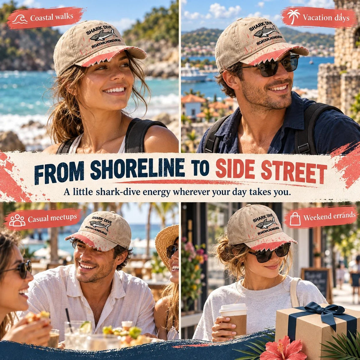 🦈 Shark Bite Baseball Cap | Embroidered Shark • Bite-Shaped Frayed Brim