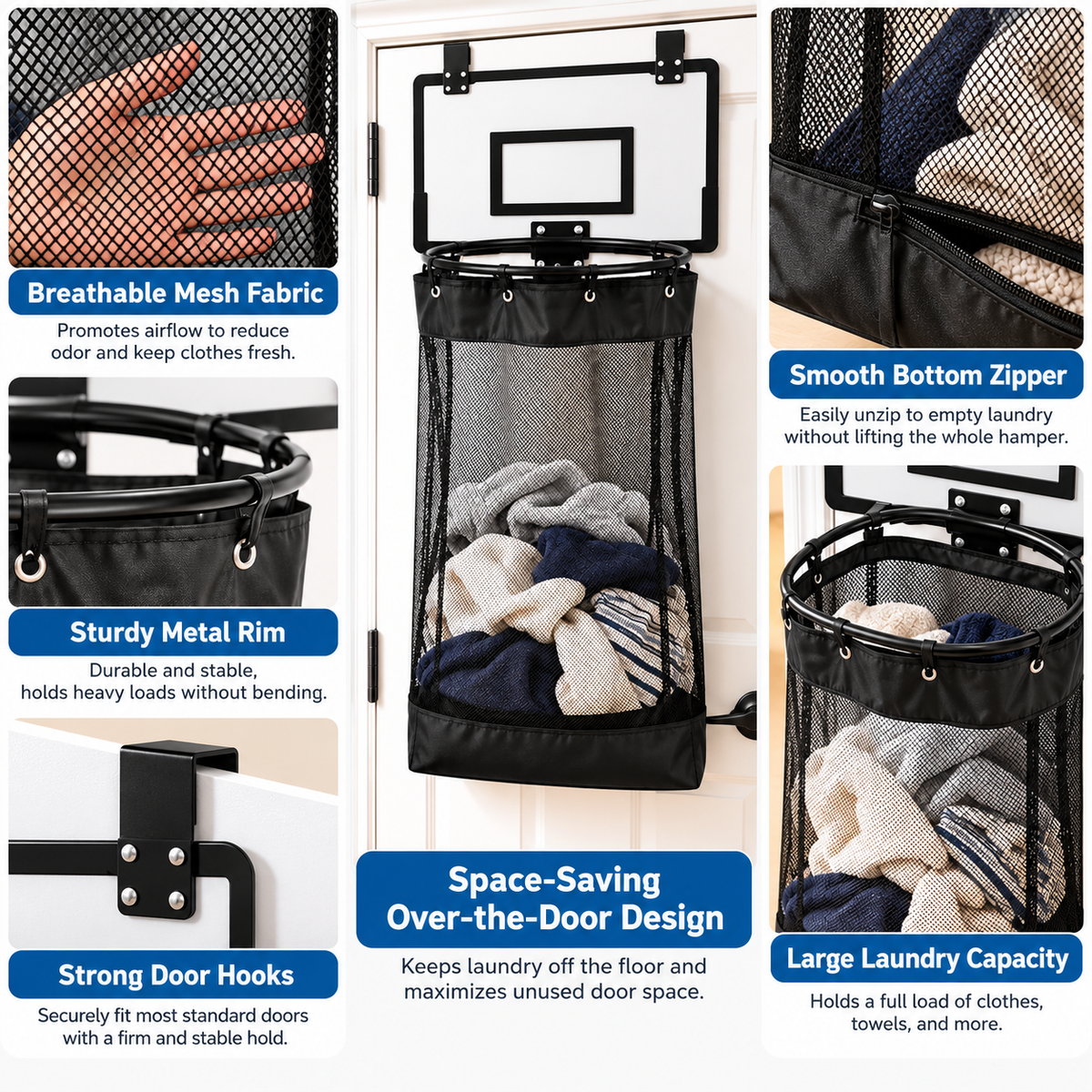 Over-the-Door Basketball Laundry Hamper – Space-Saving Mesh Clothes Basket with Hoop & Bottom Zipper