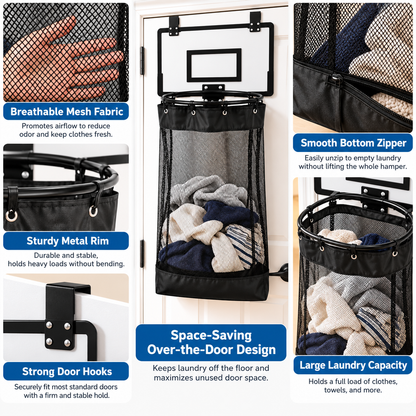 Over-the-Door Basketball Laundry Hamper – Space-Saving Mesh Clothes Basket with Hoop & Bottom Zipper