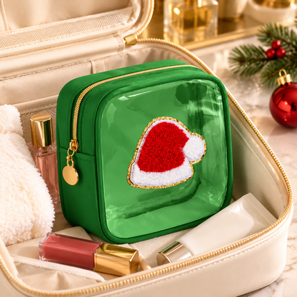 12-Pack Christmas Mini Makeup Bags with Clear PVC Window & Festive Chenille Patches – Holiday Gift Pouches for Teachers, Coworkers & Friends