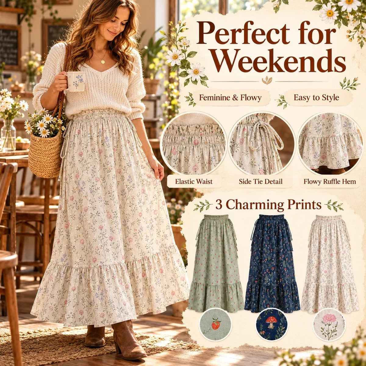 🌸 Boho Floral Maxi Skirt (One Size) – A Little Romance in Every Step