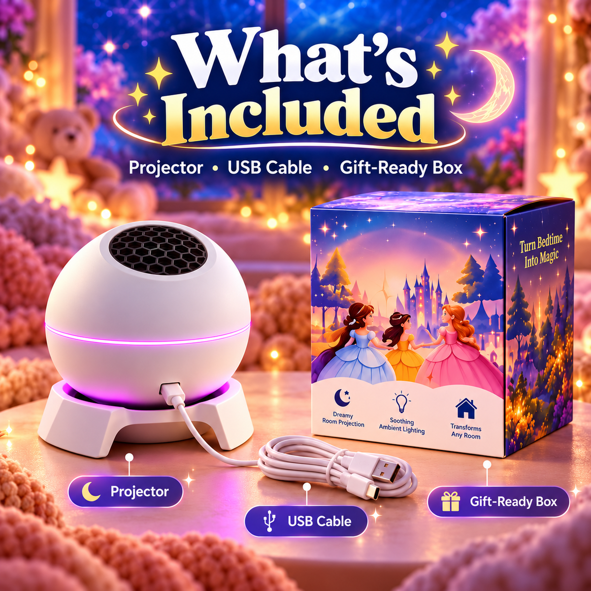 Magical Story Projector Night Light – 360° Rotating Fantasy Room Projector, USB Rechargeable