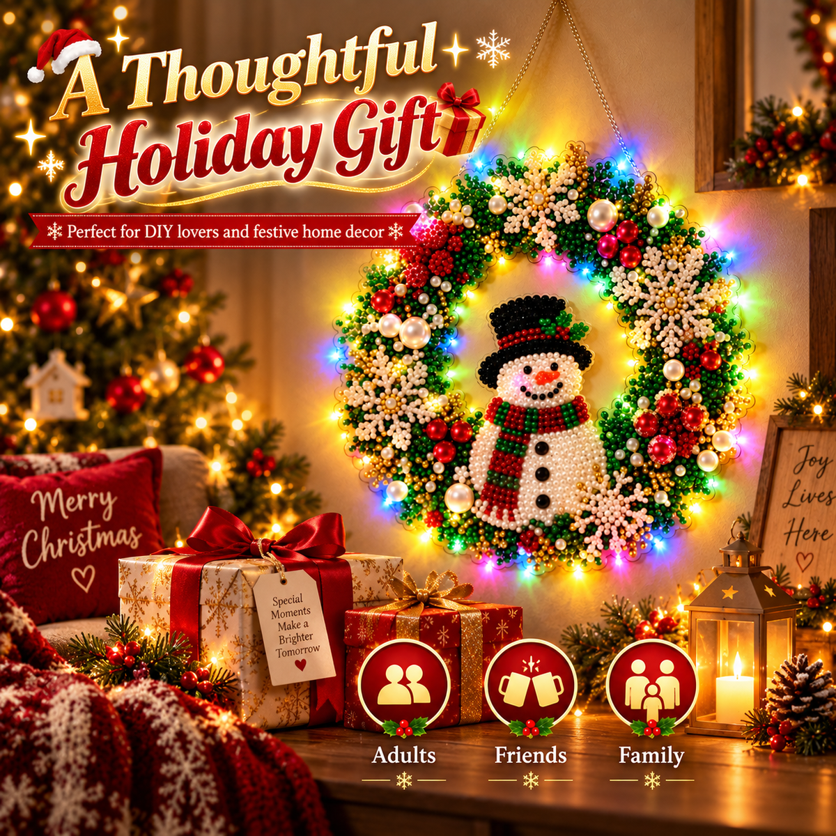 Hot Sale⛄Christmas Pearl Diamond Painting Pendant Kit with LED String Lights