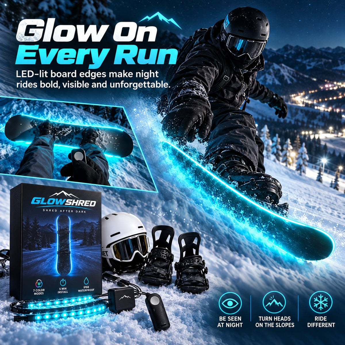 🏂LED Snowboard Edge Light Kit – 7 Colors, Remote Control & Rechargeable Night-Riding Lights✨