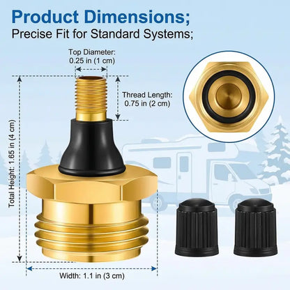 Brass RV Blowout Plug with Air Valve – Water Line Winterizing & Maintenance Adapter