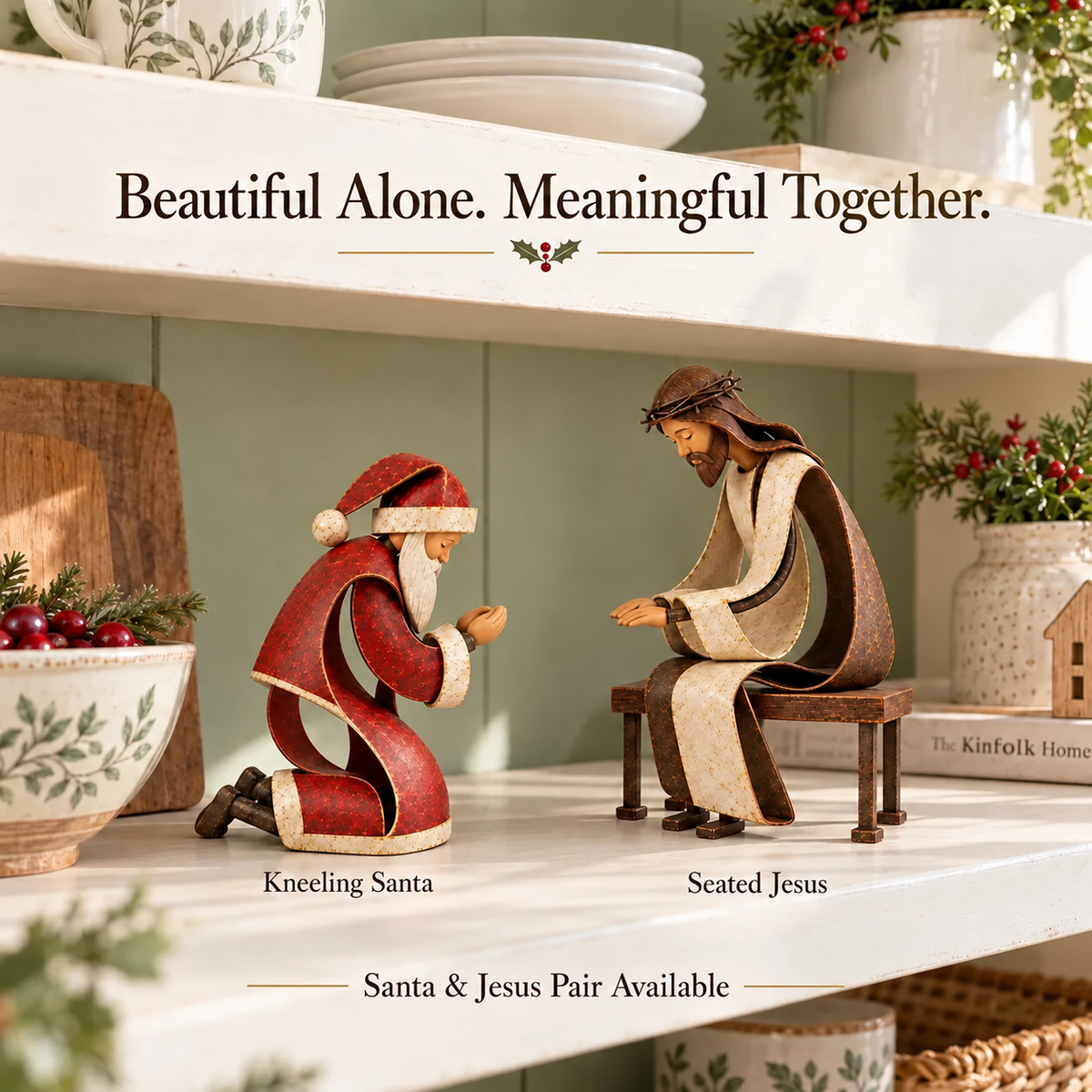 Santa Claus Kneeling Before Jesus Christ Christmas Religious Figurine