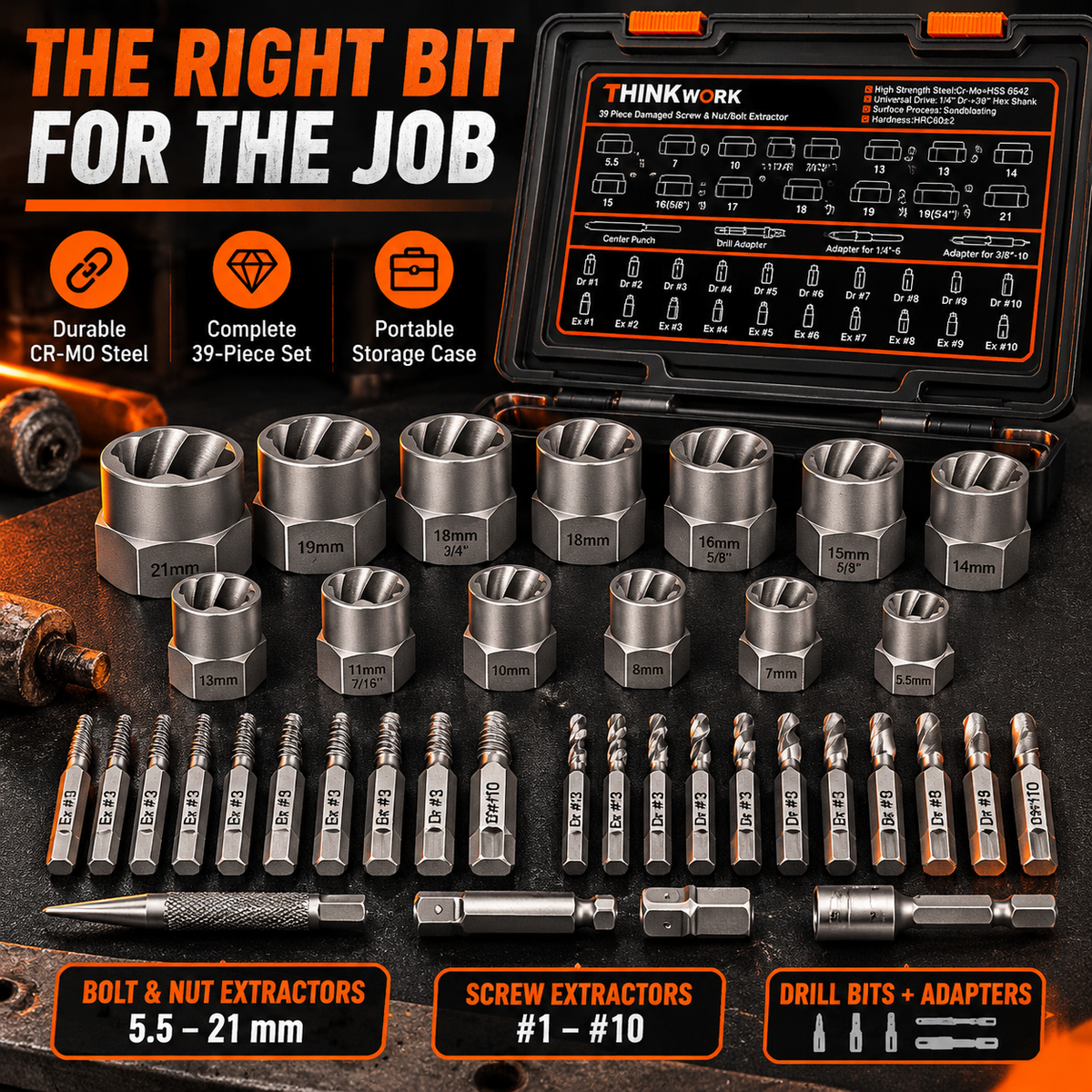 39-Piece Damaged Screw & Bolt Extractor Set – Impact Nut Remover Kit with Drill Bits & Storage Case