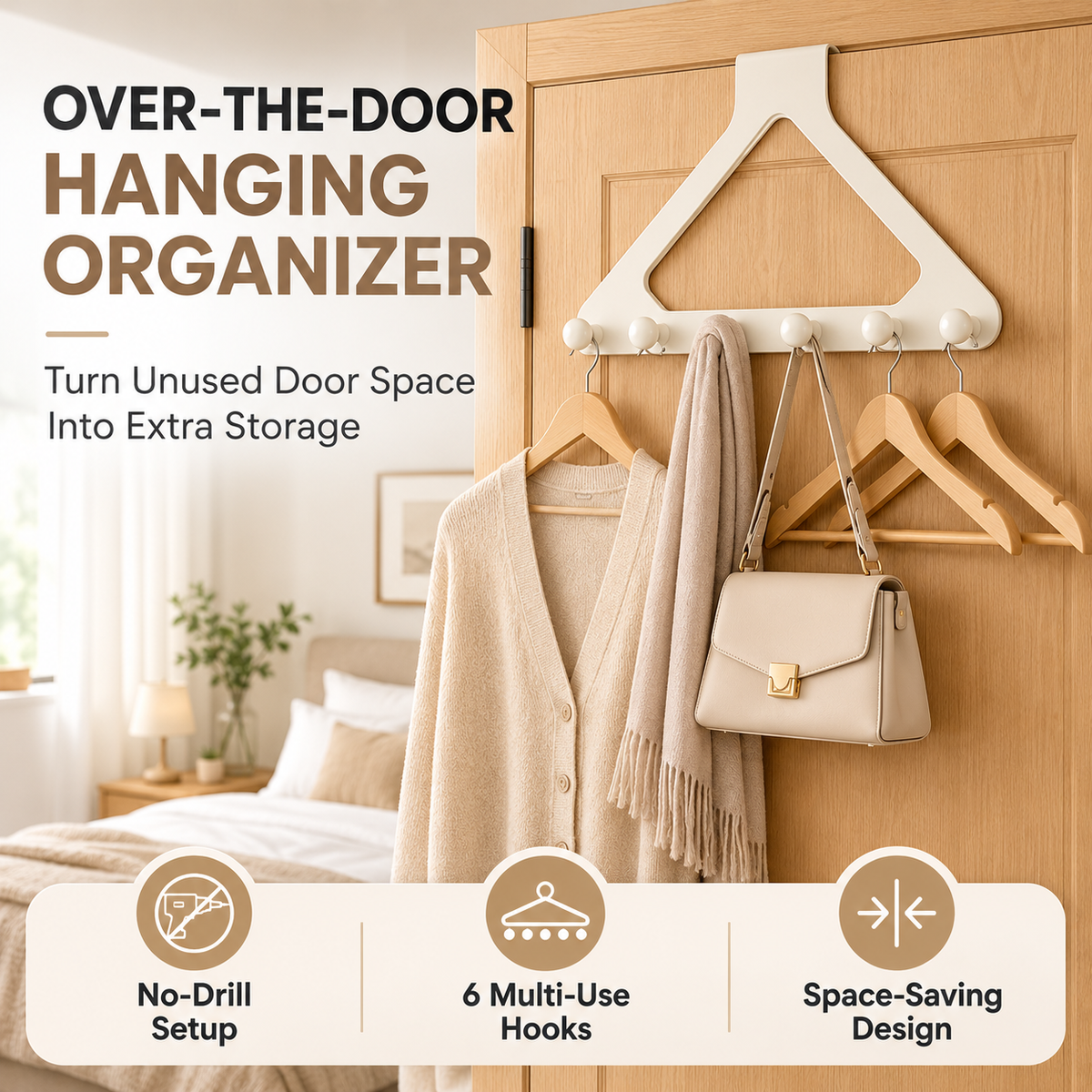 Over-the-Door Triangle Hook Rack – No-Drill 6-Hook Organizer for Clothes, Towels & Bags