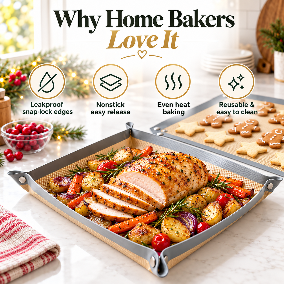 Snap-Lock Silicone Baking Mat – 2-in-1 Nonstick Oven Liner & Raised-Edge Roasting Mat