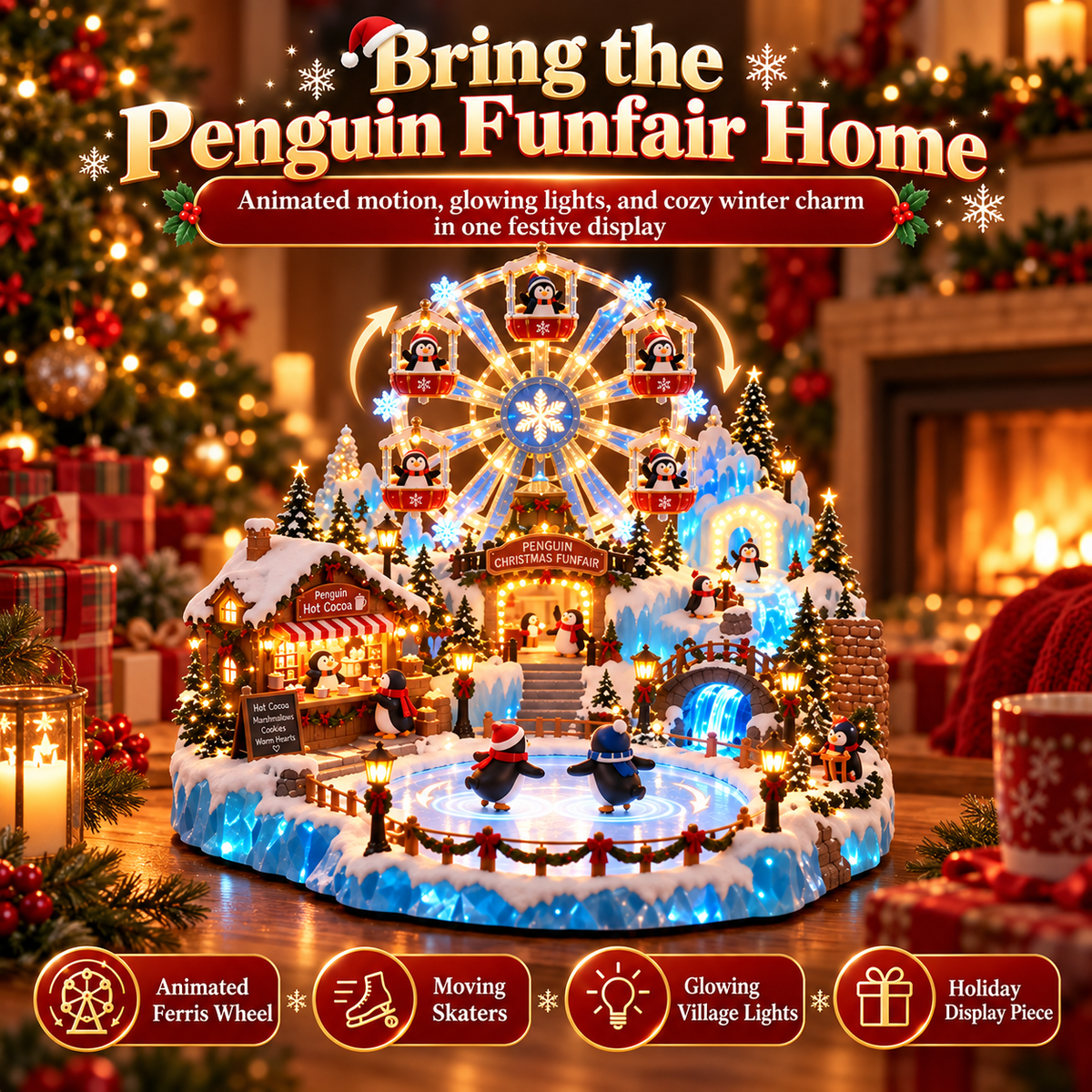 Animated Penguin Christmas Village – Lighted Ferris Wheel & Moving Ice Skaters Tabletop Decor-USB-C Rechargeable
