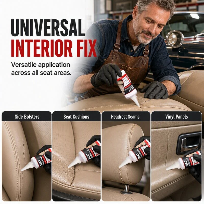 Car leather repair glue used around seat side bolsters, seat cushions, headrest seams and vinyl door panels