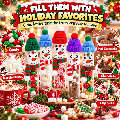 16-Pack DIY Snowman Candy Tubes – Christmas Treat Containers with Mini Hats, Scarves & Craft Decorations