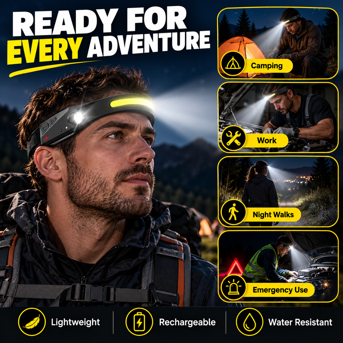 Rechargeable LED Headlamps - 230° Wide View, Motion Sensor
