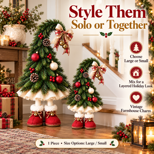 Whimsical Christmas Elf Tree Decor with Red Boots – Farmhouse Holiday Tabletop Accent