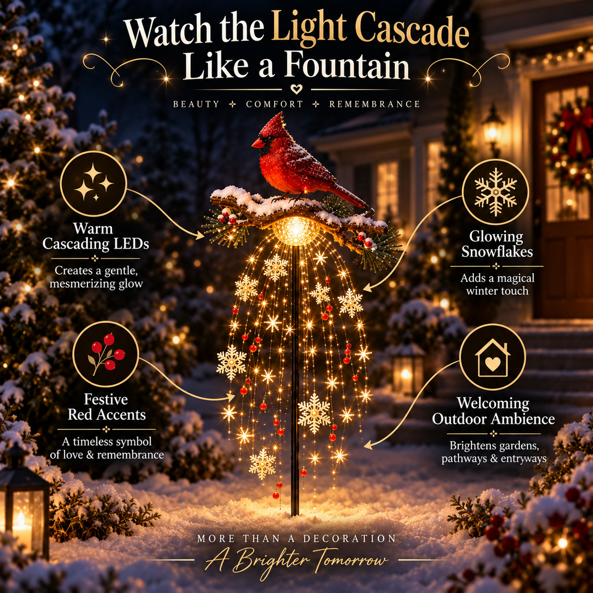 Hot sales🔥Cardinal Memory Fountain Light – Lighted Christmas Remembrance Garden Stake with Cascading Snowflakes
