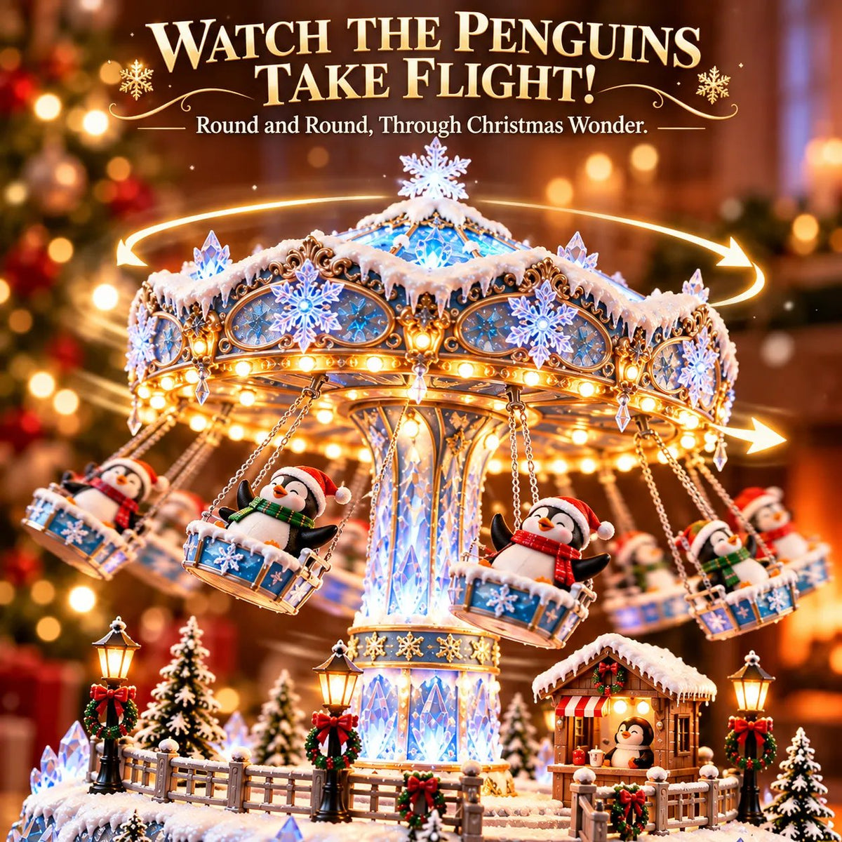 🔥Last day 50% OFF 🐧 Lighted Rotating Penguin Christmas Carousel – Musical Winter Wonderland Tabletop Holiday Decoration