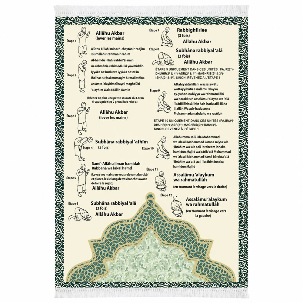 French-language phonetic prayer mat with illustrated prayer steps