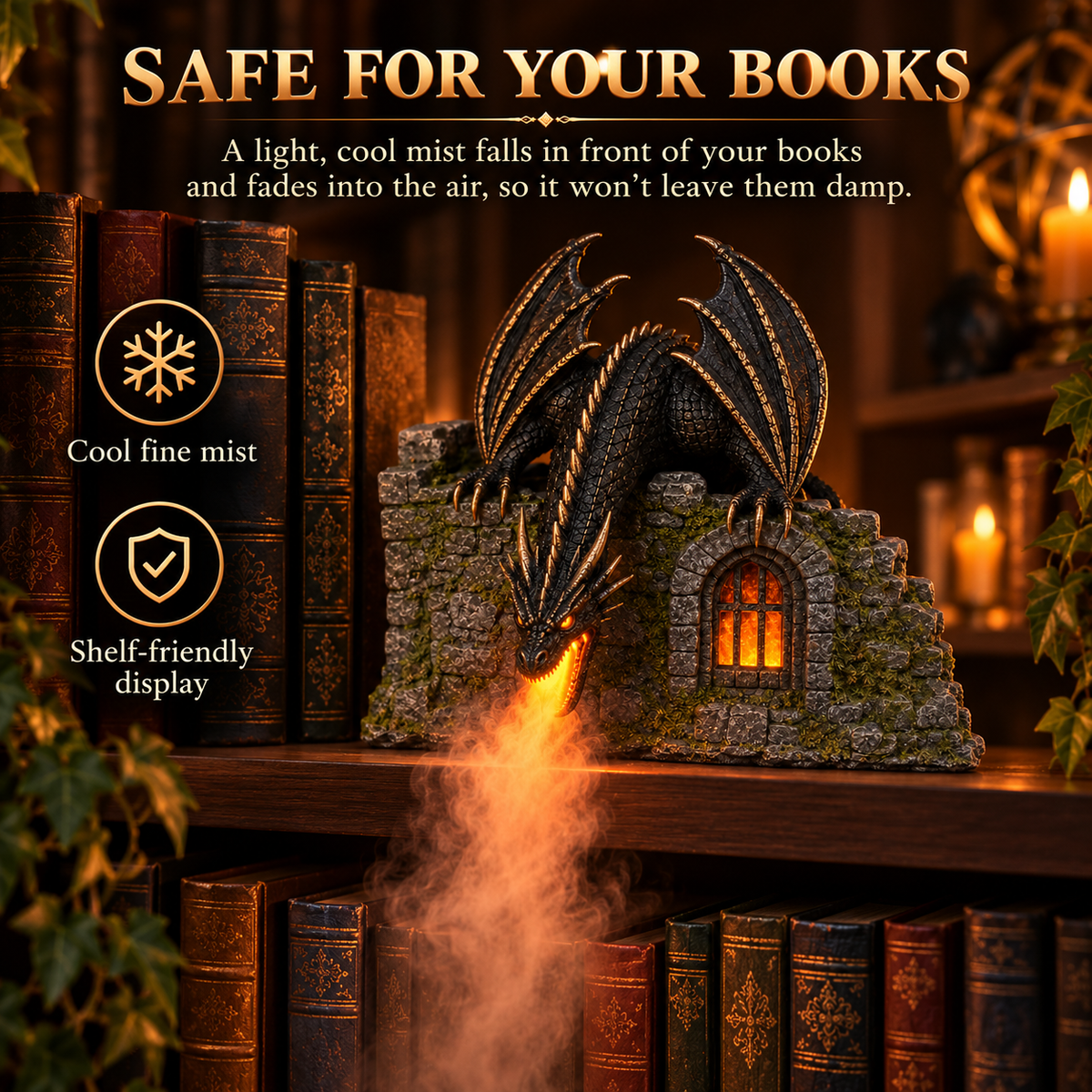 Dragon Castle Mist Humidifier – Glowing Flame Effect, Illuminated Castle Window & 6-Hour Mist Display