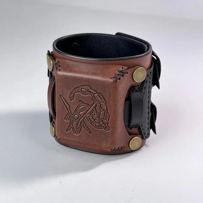 Leather Cuff Watch Strap with Personalized Flap, Brown Wide Handmade Watch Band for Apple