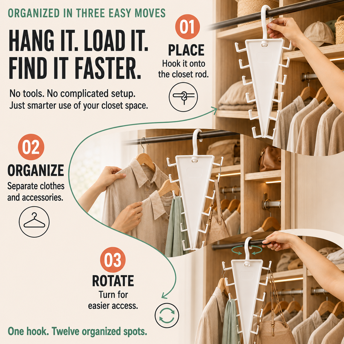 ✨ 12-Hook 360° Rotating Space-Saving Closet Organizer for Clothes, Hats & Bags