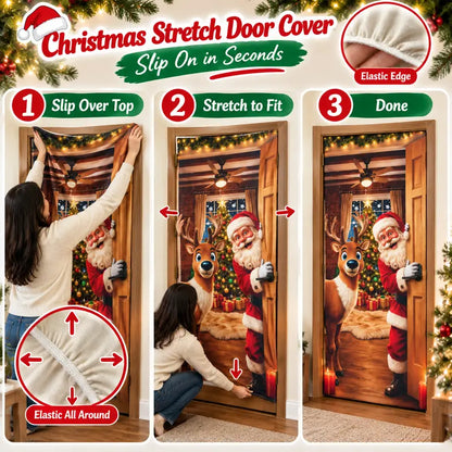Stretch Christmas Door Cover – Santa & Reindeer Slip-On Door Decoration with 4-Side Elastic Edge