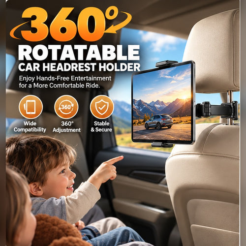 Car Headrest Tablet & Phone Holder – 360° Rotating Adjustable Mount for Kids & Road Trips