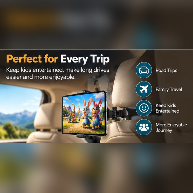 Car Headrest Tablet & Phone Holder – 360° Rotating Adjustable Mount for Kids & Road Trips