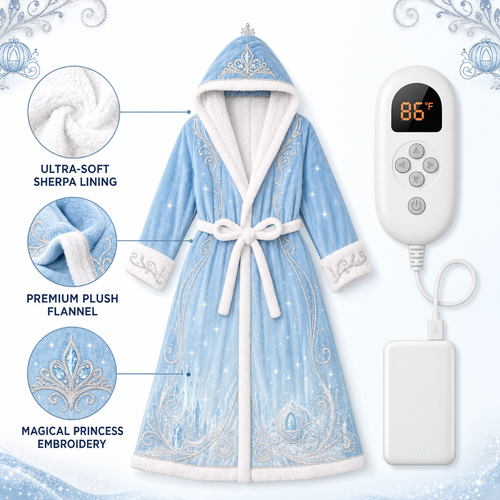 👑 Heated Princess Wearable Blanket Robe – Ultra-Soft Sherpa Hooded Cozy Wrap with Adjustable Heat & Fairytale Embroidery