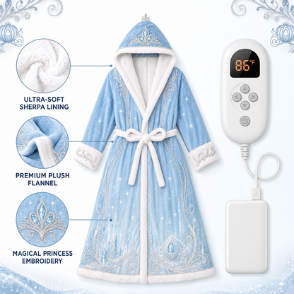 👑 Heated Princess Wearable Blanket Robe – Ultra-Soft Sherpa Hooded Cozy Wrap with Adjustable Heat & Fairytale Embroidery