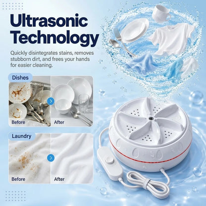 Portable Cordless Mini Washer – USB Rechargeable Ultrasonic Cleaning Disc with 4 Power Modes for Small Laundry & Dishes