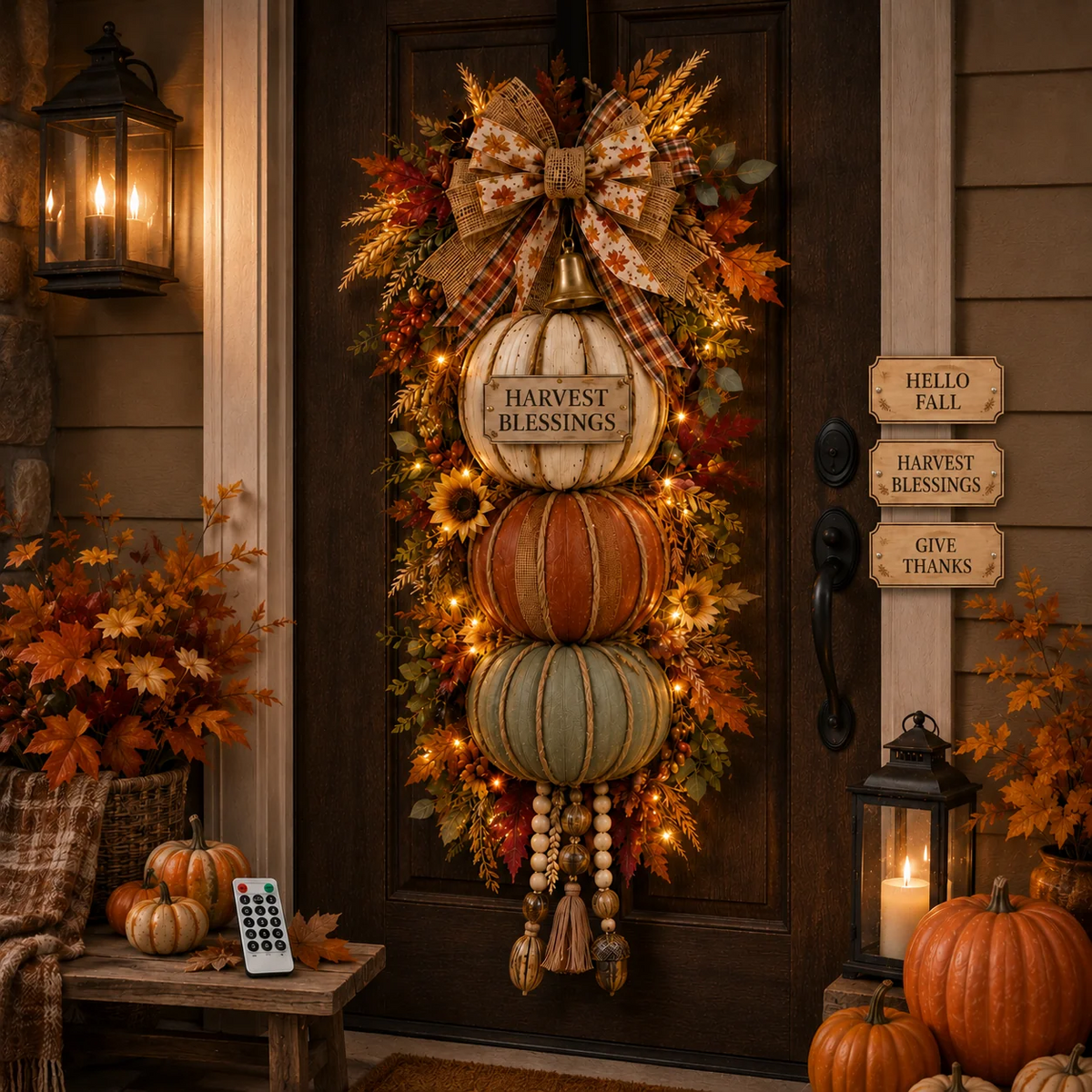 🎁 Last Day 50% OFF✨-🎄Lighted Stacked Pumpkin Fall Door Decorfor Cozy Autumn Home Entryway Charm 🍂