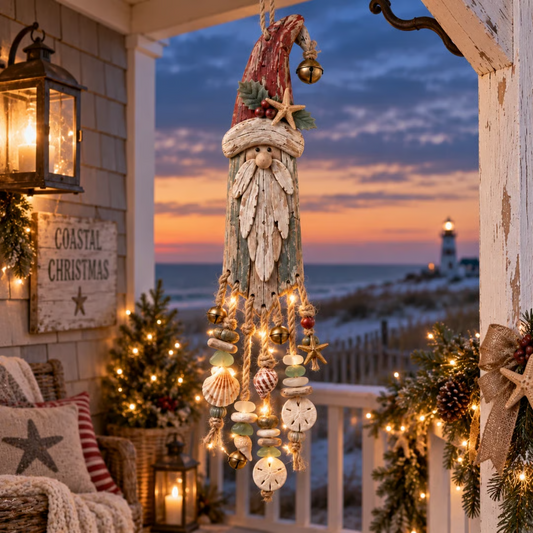 🎅🌊Vintage Coastal Santa Lighted Wall Decor –  ✨ Beach House Christmas Hanging with Starfish, Shells & Warm Glow
