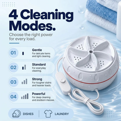 Portable Cordless Mini Washer – USB Rechargeable Ultrasonic Cleaning Disc with 4 Power Modes for Small Laundry & Dishes