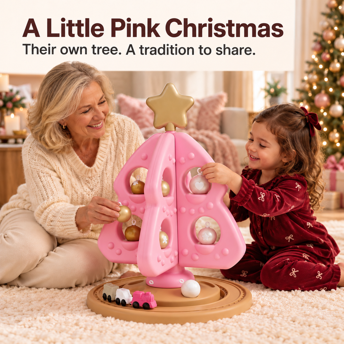 🔥Last Day 50% OFF –🌲Pink Christmas Tree Decorating Playset for Kids – Removable Ornaments & Mini Train