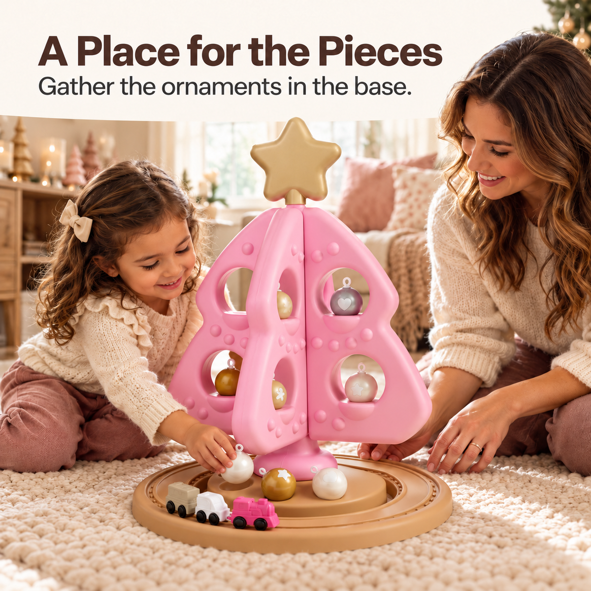 🔥Last Day 50% OFF –🌲Pink Christmas Tree Decorating Playset for Kids – Removable Ornaments & Mini Train