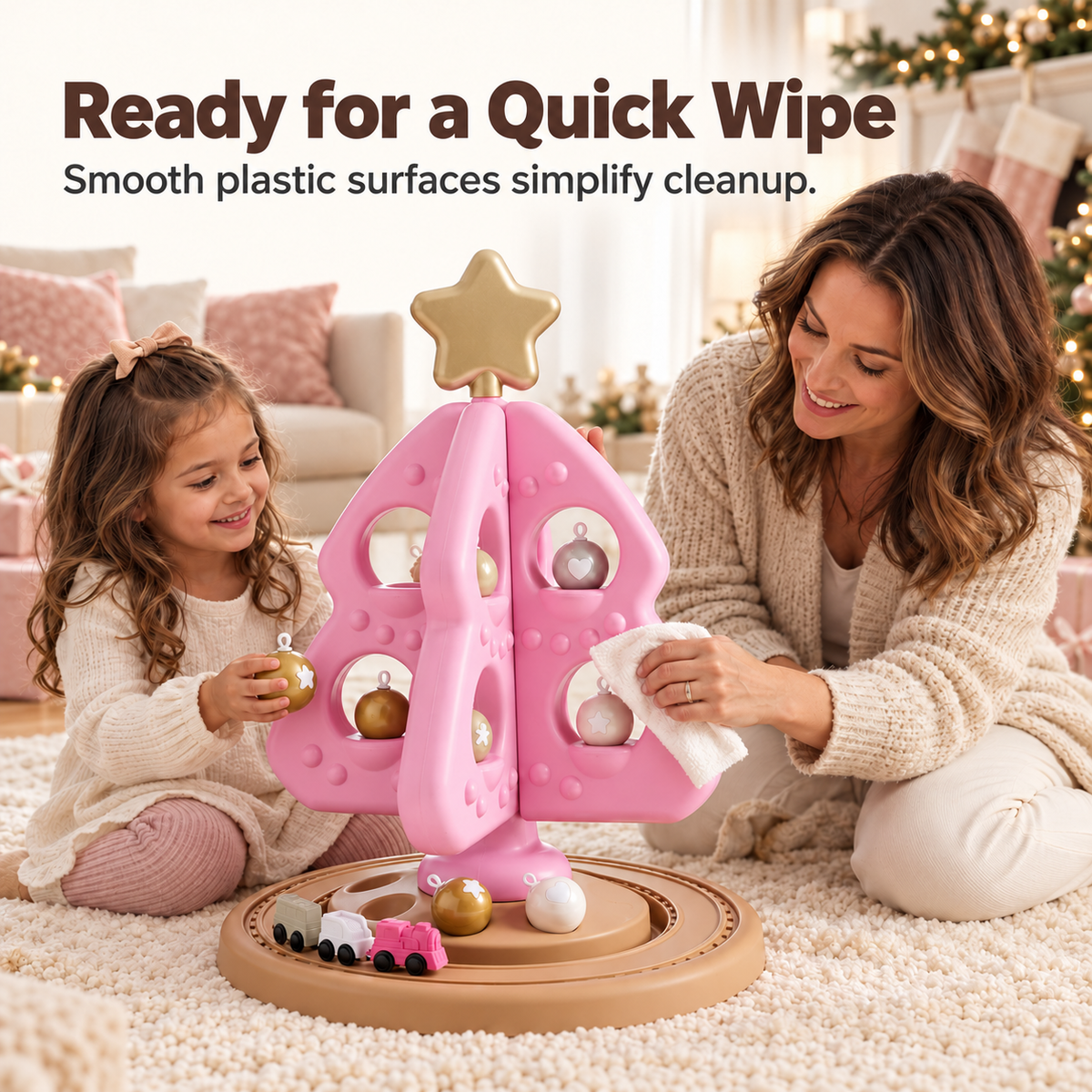 🔥Last Day 50% OFF –🌲Pink Christmas Tree Decorating Playset for Kids – Removable Ornaments & Mini Train