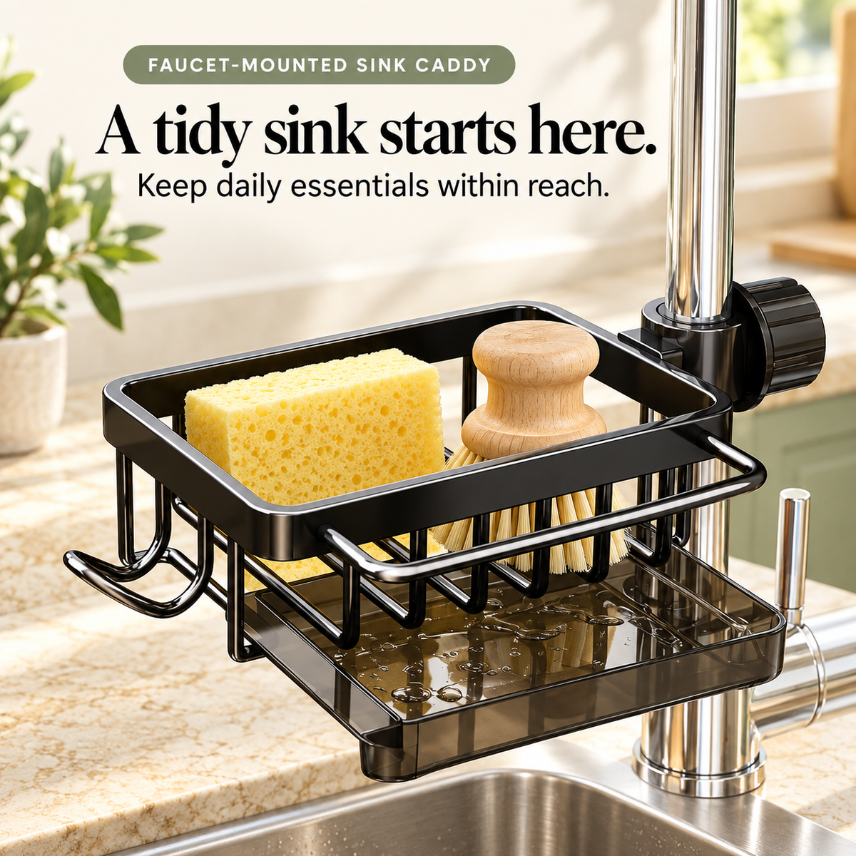 Black-left faucet-mounted sink caddy holding a sponge and dish brush