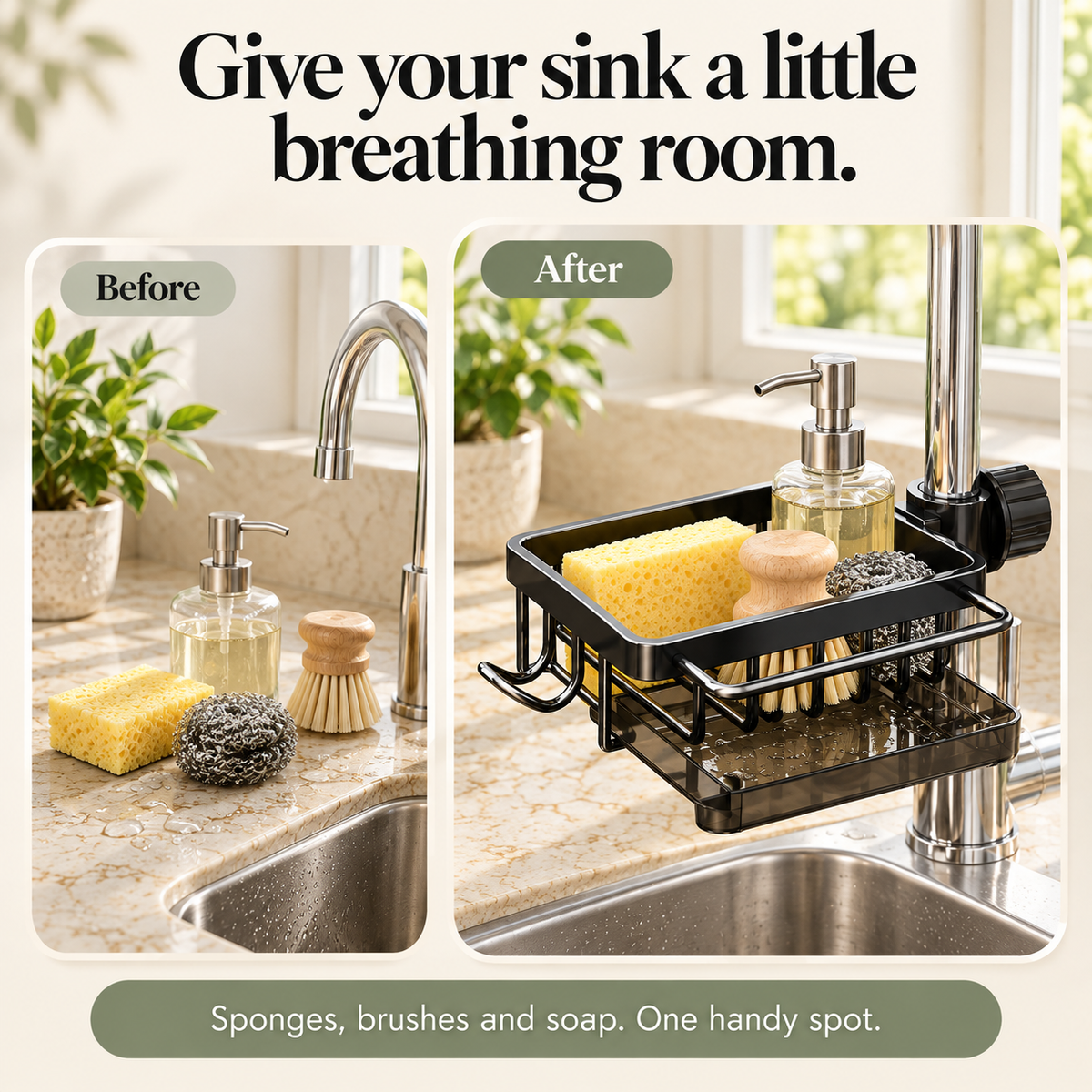 Sink countertop before and after organizing daily essentials