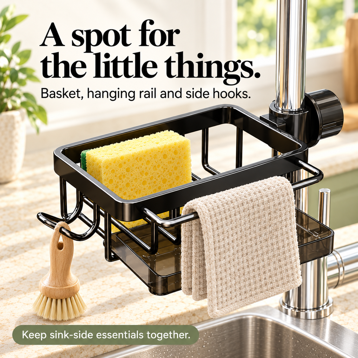 Sink caddy basket with external towel rail and two side hooks
