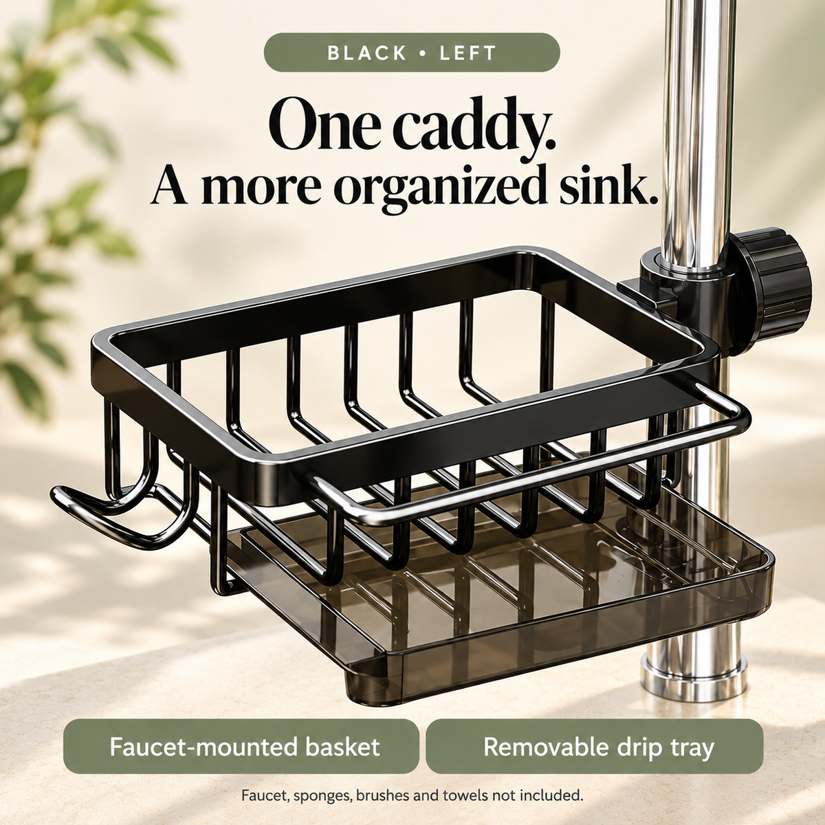 Black-left sink caddy with mounting clamp and removable tray; accessories not included