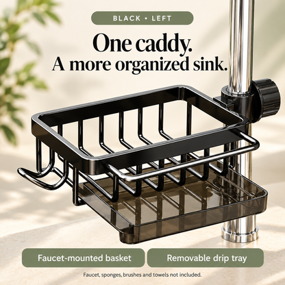 Black-left sink caddy with mounting clamp and removable tray; accessories not included